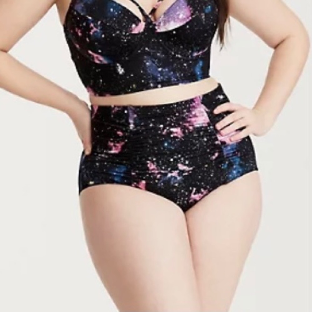 TORRID GALAXY PRINT RUCHED HIGH WAIST SWIM BOTTOM